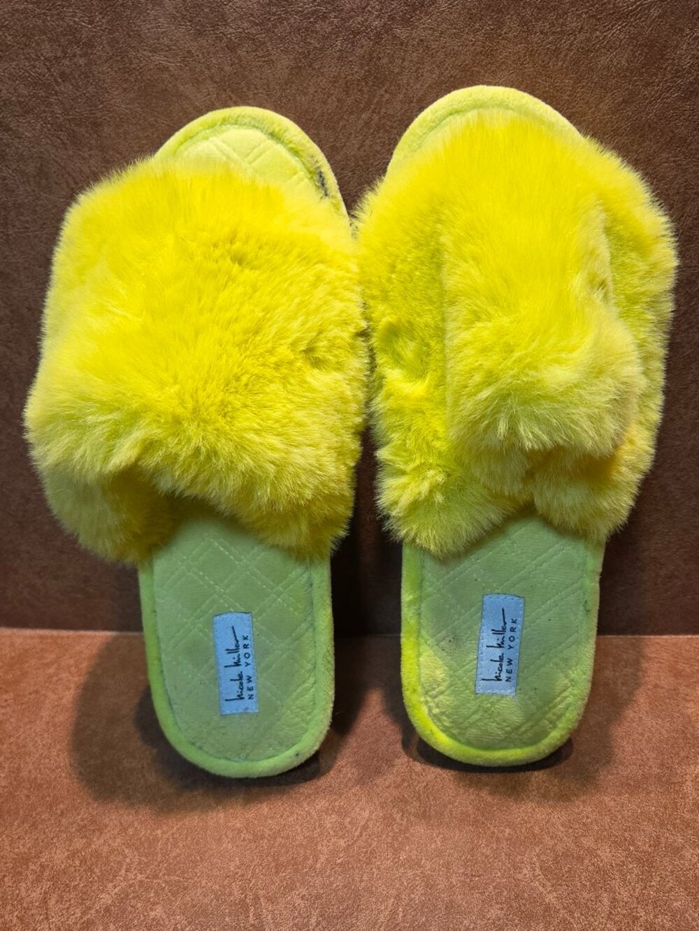 Nicole Miller Fuzzy Faux Fur Slipper Slides Women XL 9.5-10.5 Bright Yellow